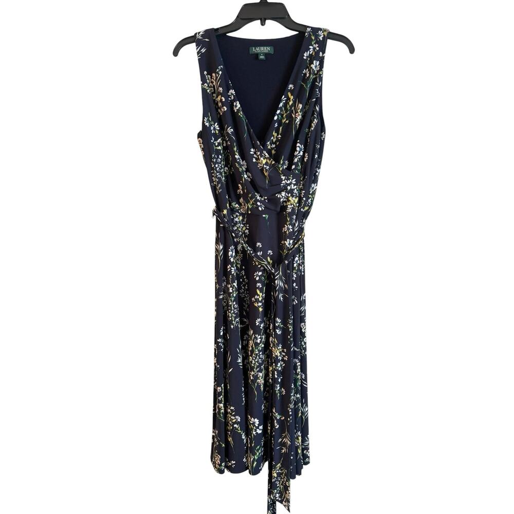 Lauren Ralph Lauren Floral Ruched Jersey Dress Midi Sleeveless V Neck Size 8
